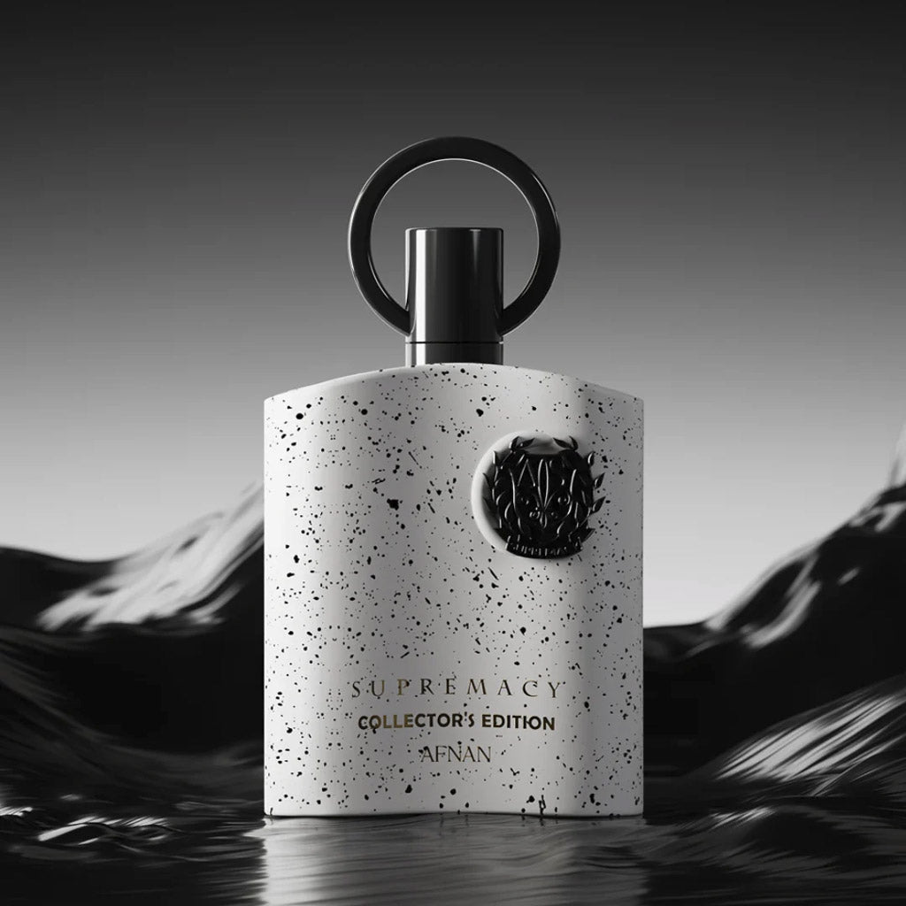 Afnan Supremacy Collector’s Edition Eau de Parfum for men, unique speckled white bottle with bold spicy and woody notes.