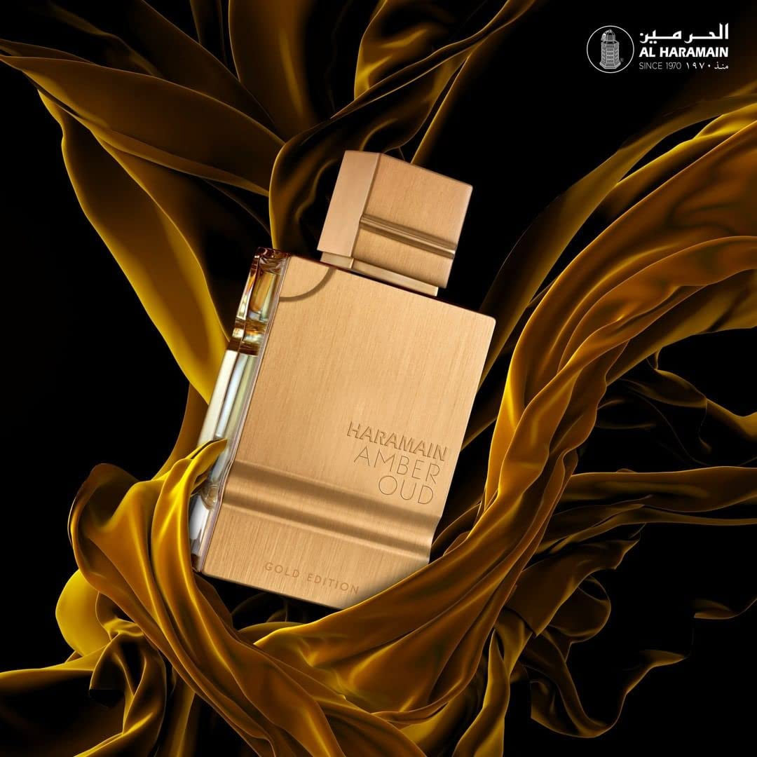 Al Haramain Amber Oud Gold Edition unisex Eau de Parfum in a gold bottle, offering sweet vanilla and amber notes.