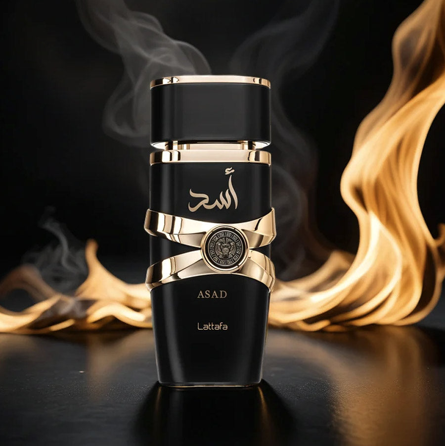 Lattafa Asad Eau de Parfum for men, intense black and gold bottle with oriental, spicy and amber notes inspired by Dior Sauvage Elixir.