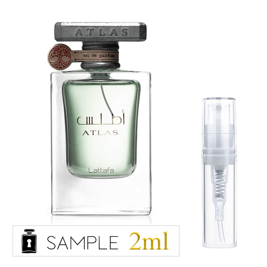 Lattafa Atlas Eau de Parfum bottle with 2ml sample atomizer.