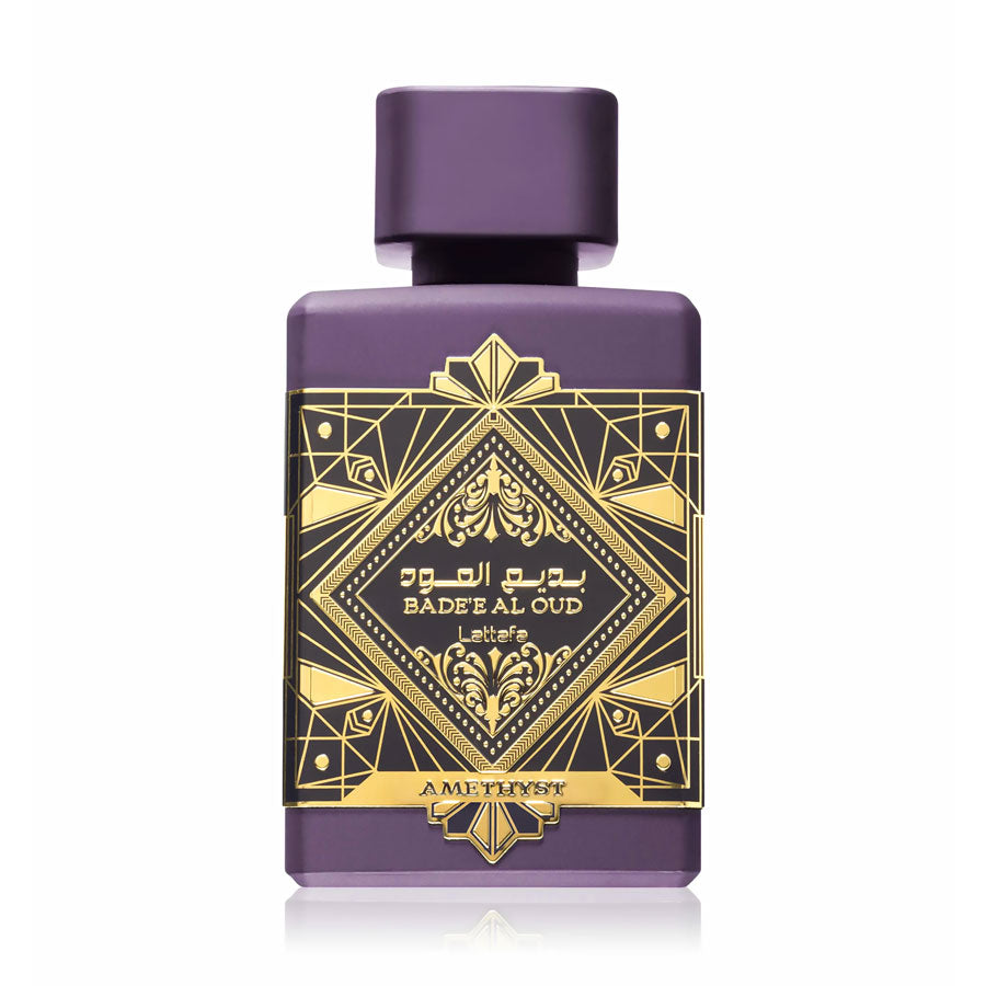 Purple bottle of Lattafa Badee Al Oud Amethyst unisex Eau de Parfum with floral and oriental notes.