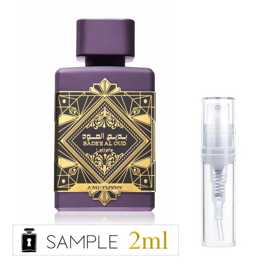 Lattafa Badee Al Oud Amethyst 2ml sample unisex Eau de Parfum with floral oriental scent of rose, saffron and oud.
