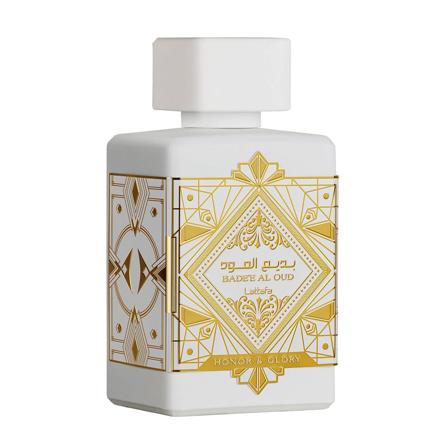 Lattafa Badee Al Oud Honor & Glory unisex Eau de Parfum bottle with elegant white and gold design.