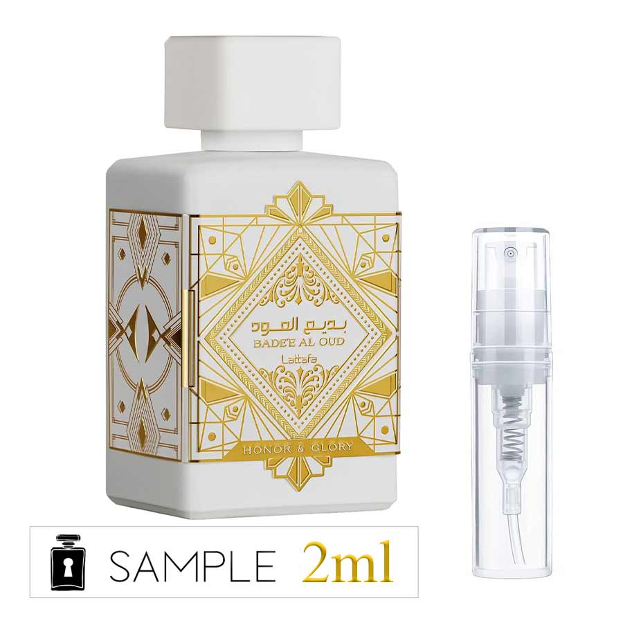 Lattafa Badee Al Oud Honor & Glory 2ml sample unisex Eau de Parfum with woody, sweet and spicy notes.