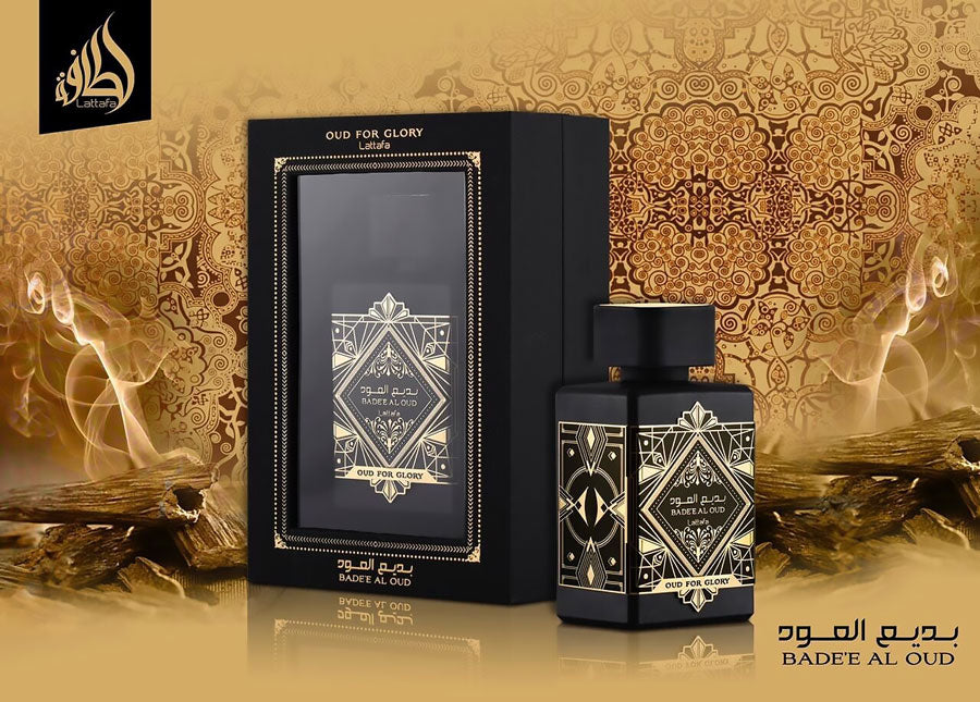 Luxury presentation of Lattafa Badee Al Oud Oud for Glory with elegant black and gold box and intense oud aroma.