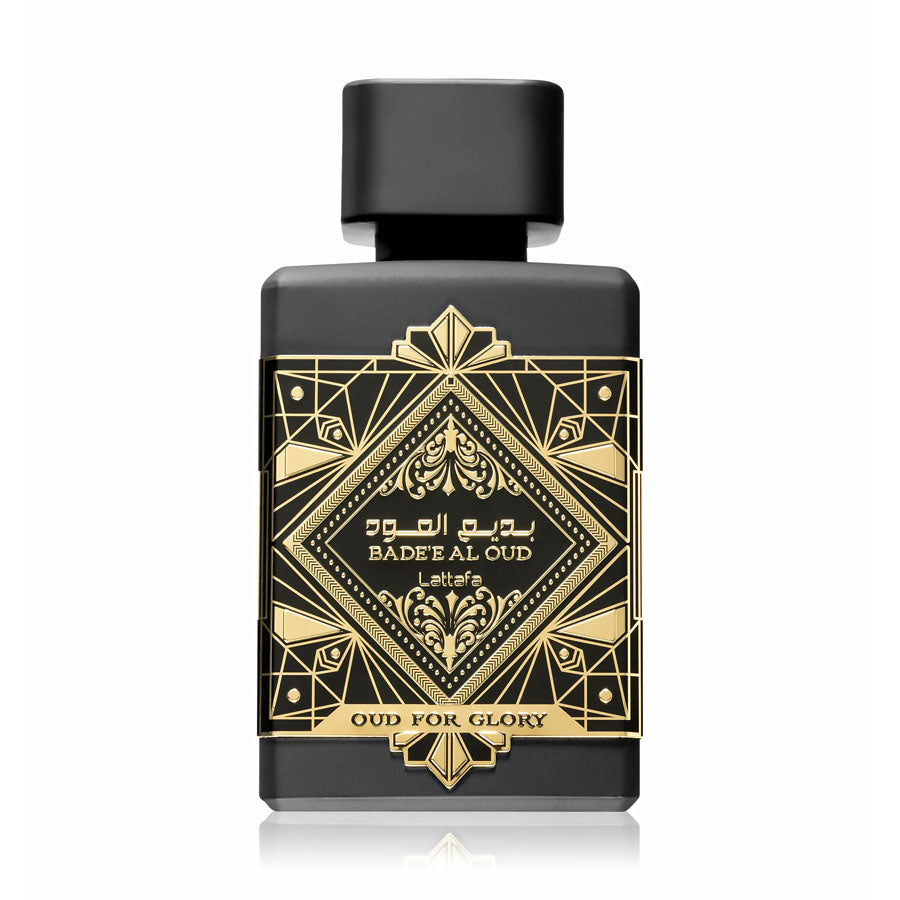 Lattafa Badee Al Oud Oud for Glory unisex Eau de Parfum bottle with bold oud and smoky incense scent.