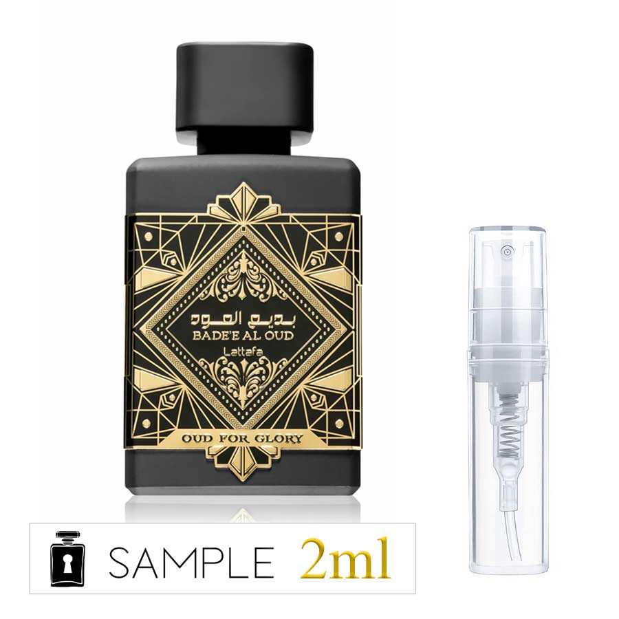 Lattafa Badee Al Oud Oud for Glory 2ml sample unisex Eau de Parfum with strong oud and incense notes.