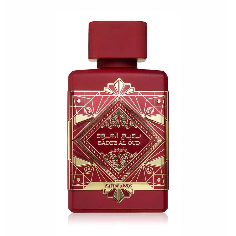 Lattafa Badee Al Oud Sublime red bottle for unisex Eau de Parfum with sweet plum and floral scent.
