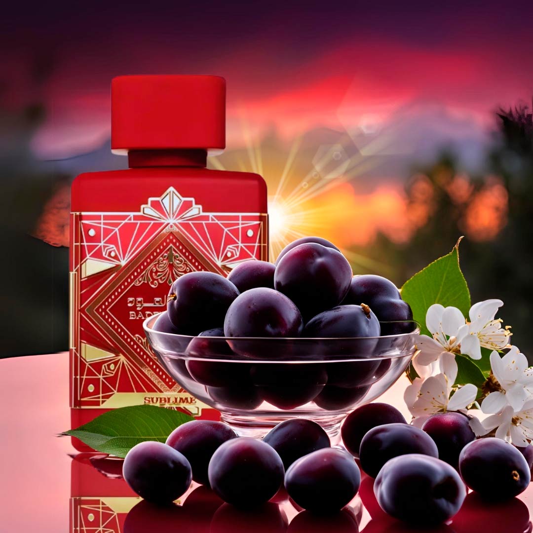 Lattafa Badee Al Oud Sublime unisex Eau de Parfum with fruity notes of plum and floral accords in a red bottle.