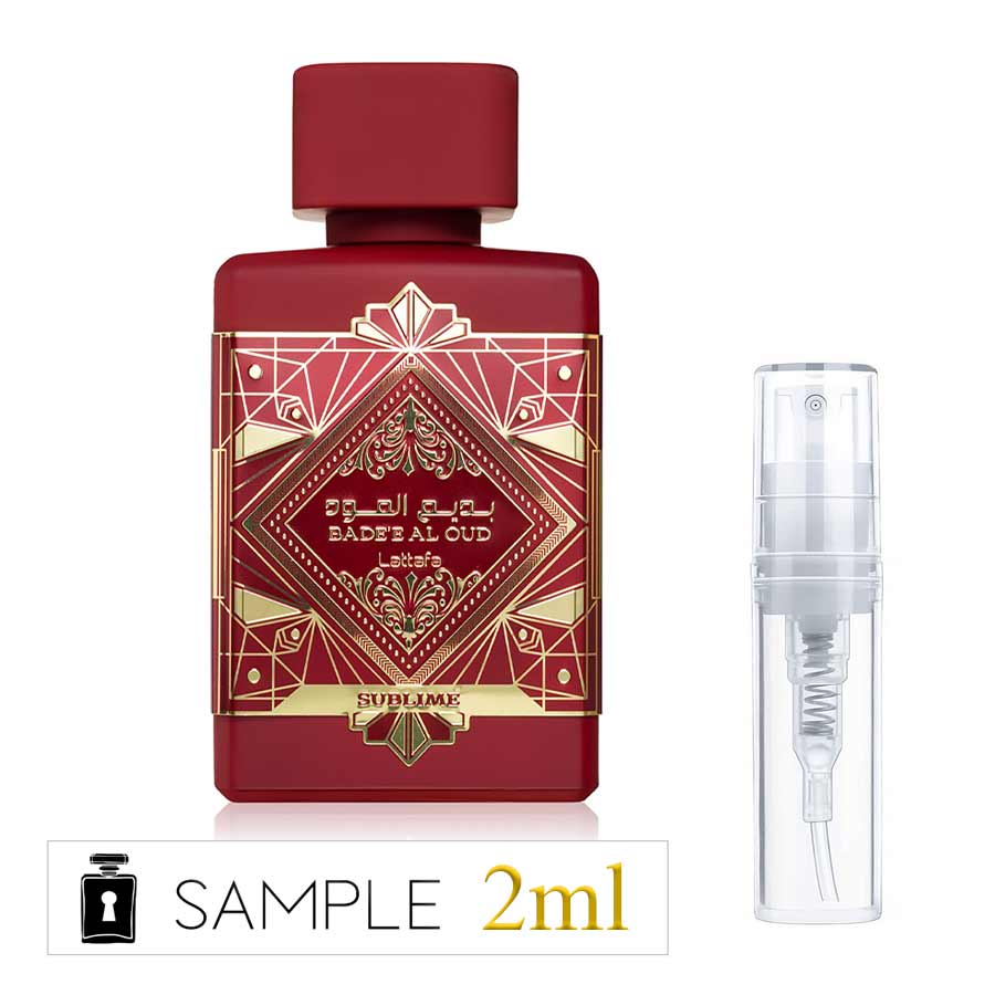 Lattafa Badee Al Oud Sublime 2ml sample unisex Eau de Parfum with rich fruity and floral notes.