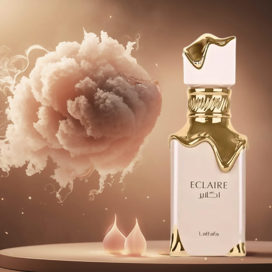 Lattafa Eclaire women’s perfume beige and gold bottle on soft background