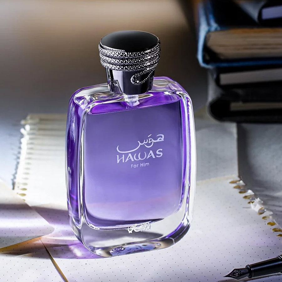 Rasasi Hawas for Him Eau de Parfum, a fresh and sweet aquatic fragrance for men in a purple gradient bottle.