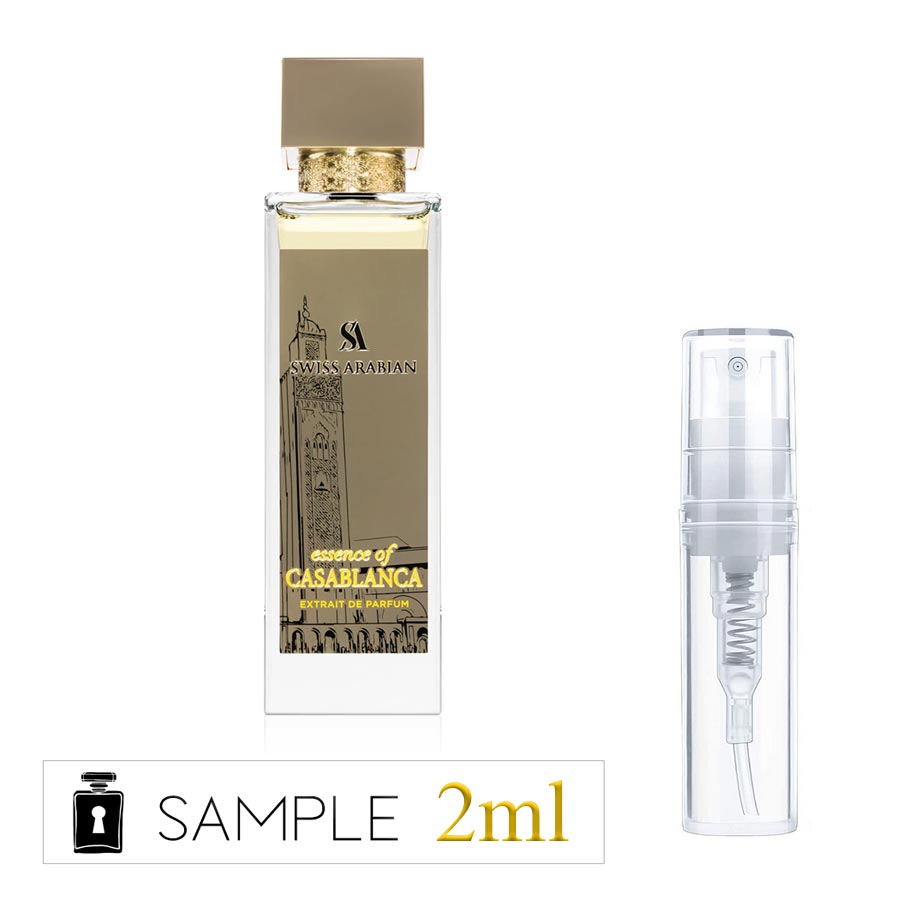 Sample of Swiss Arabian Essence of Casablanca Extrait de Parfum featuring mosque-inspired gold artwork.
