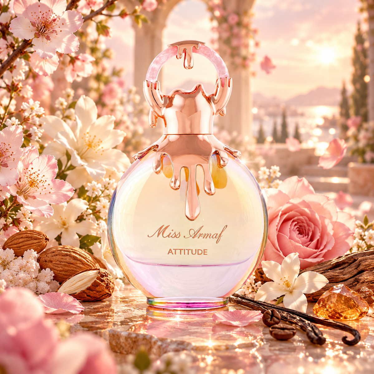 Armaf Attitude perfume artwork showing an iridescent pink bottle with almonds, pink flowers, vanilla pods and coffee beans