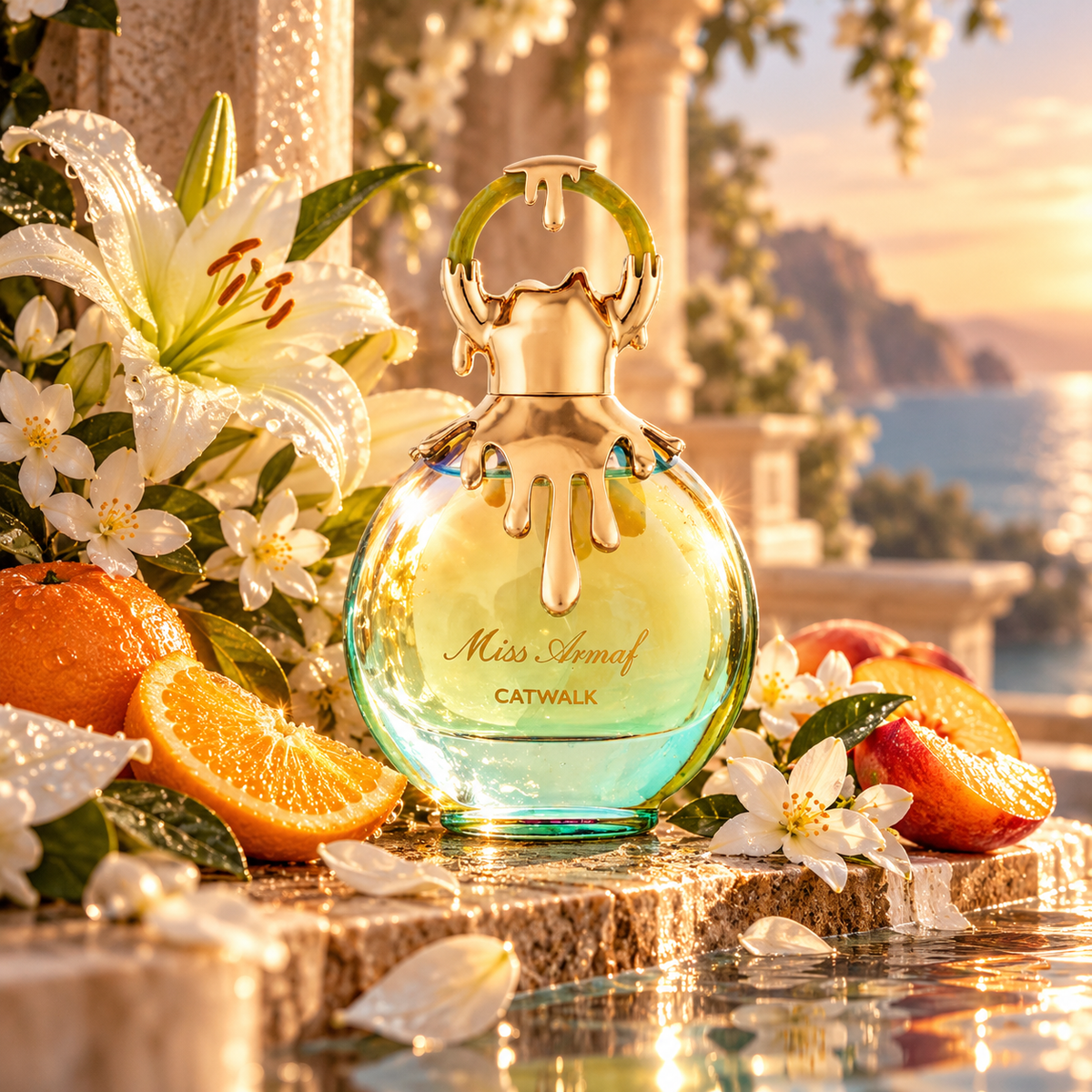 Armaf Catwalk perfume artwork showing an iridescent green bottle with lilies, white flowers, oranges and peaches