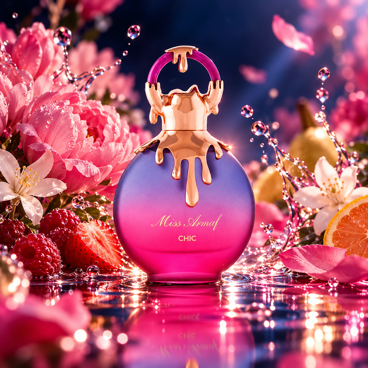 Armaf Chic perfume artwork showing a pink and purple bottle surrounded by berries, flowers, citrus and splashing water