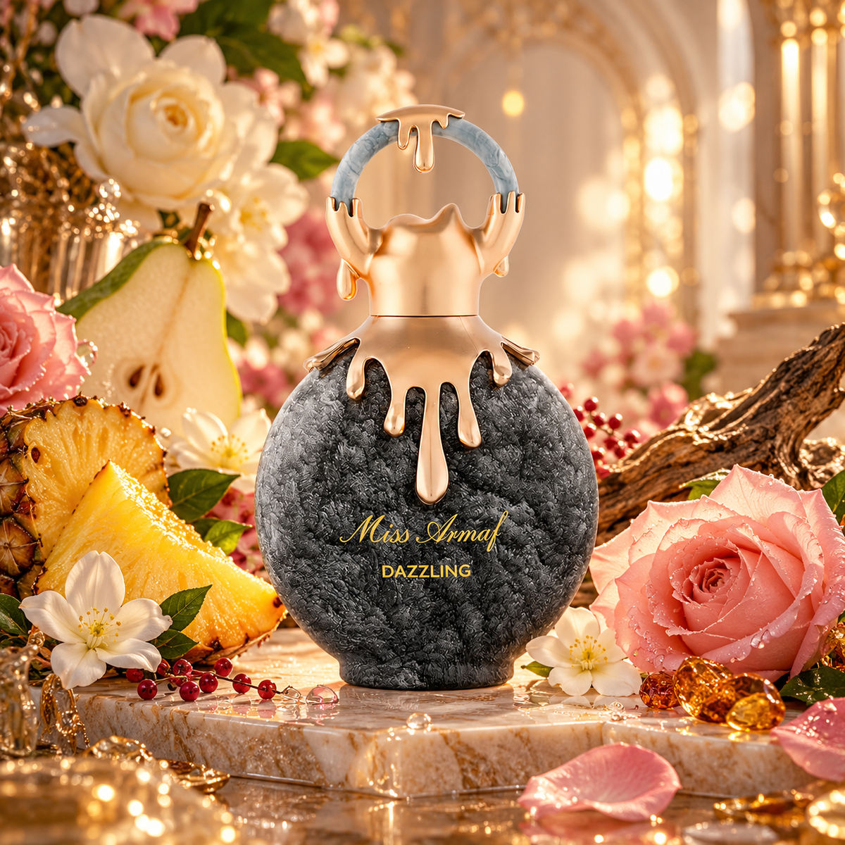 Armaf Dazzling perfume artwork showing a dark textured bottle with pineapple, pear, roses, white flowers and wood
