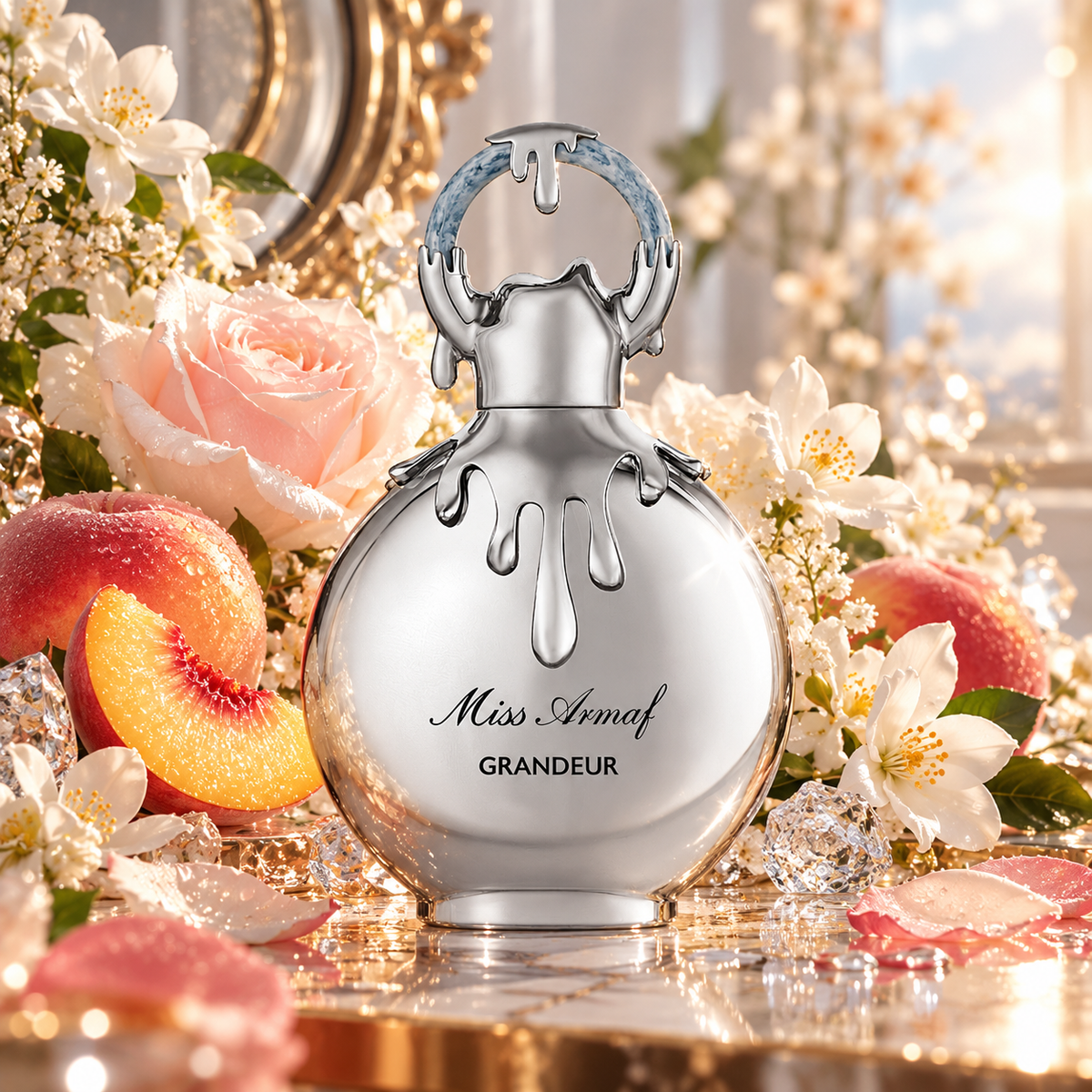 Armaf Grandeur perfume artwork showing a silver bottle with peaches, pink roses and white flowers