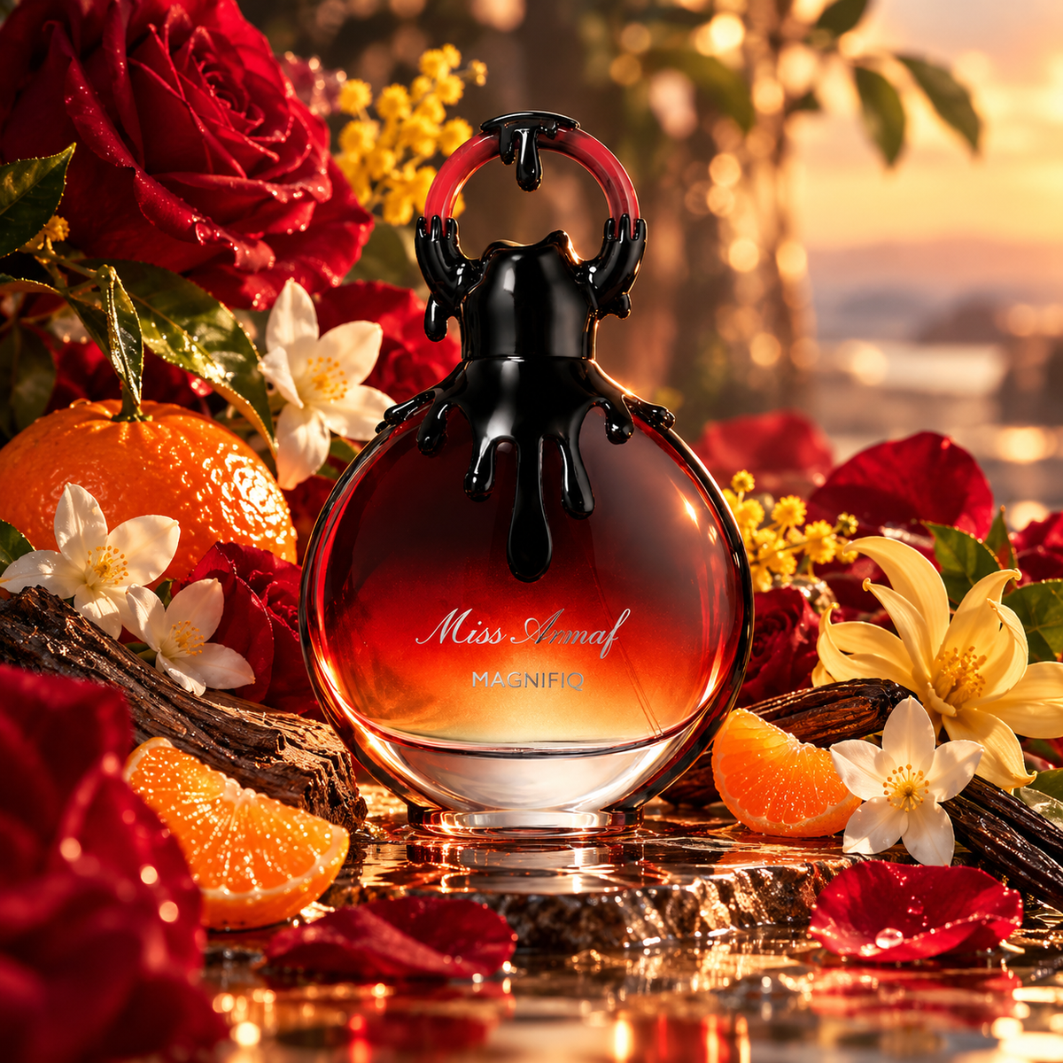 Armaf Magnifiq perfume artwork showing a red and black bottle with oranges, red roses, yellow flowers and vanilla pods