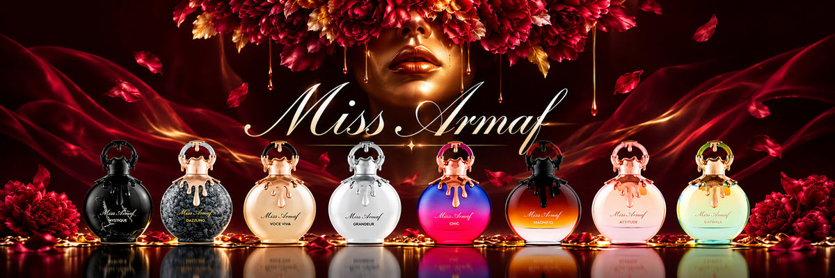 Miss Armaf Collection desktop banner featuring all eight Armaf perfumes: Mystique, Dazzling, Voce Viva, Grandeur, Chic, Magnifiq, Attitude and Catwalk.