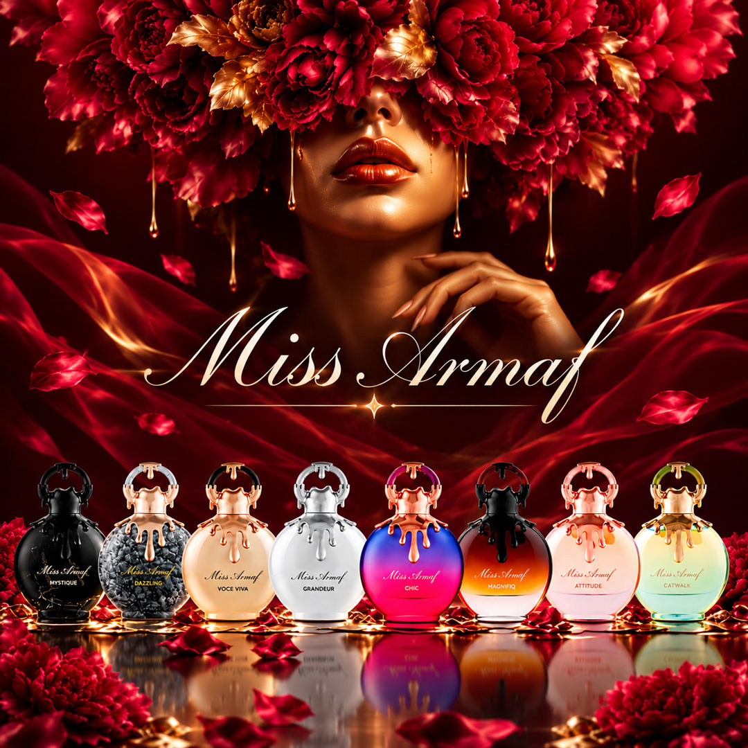 Miss Armaf Collection mobile banner showcasing eight women's fragrances by Armaf in an elegant red floral setting with luxurious gold accents.
