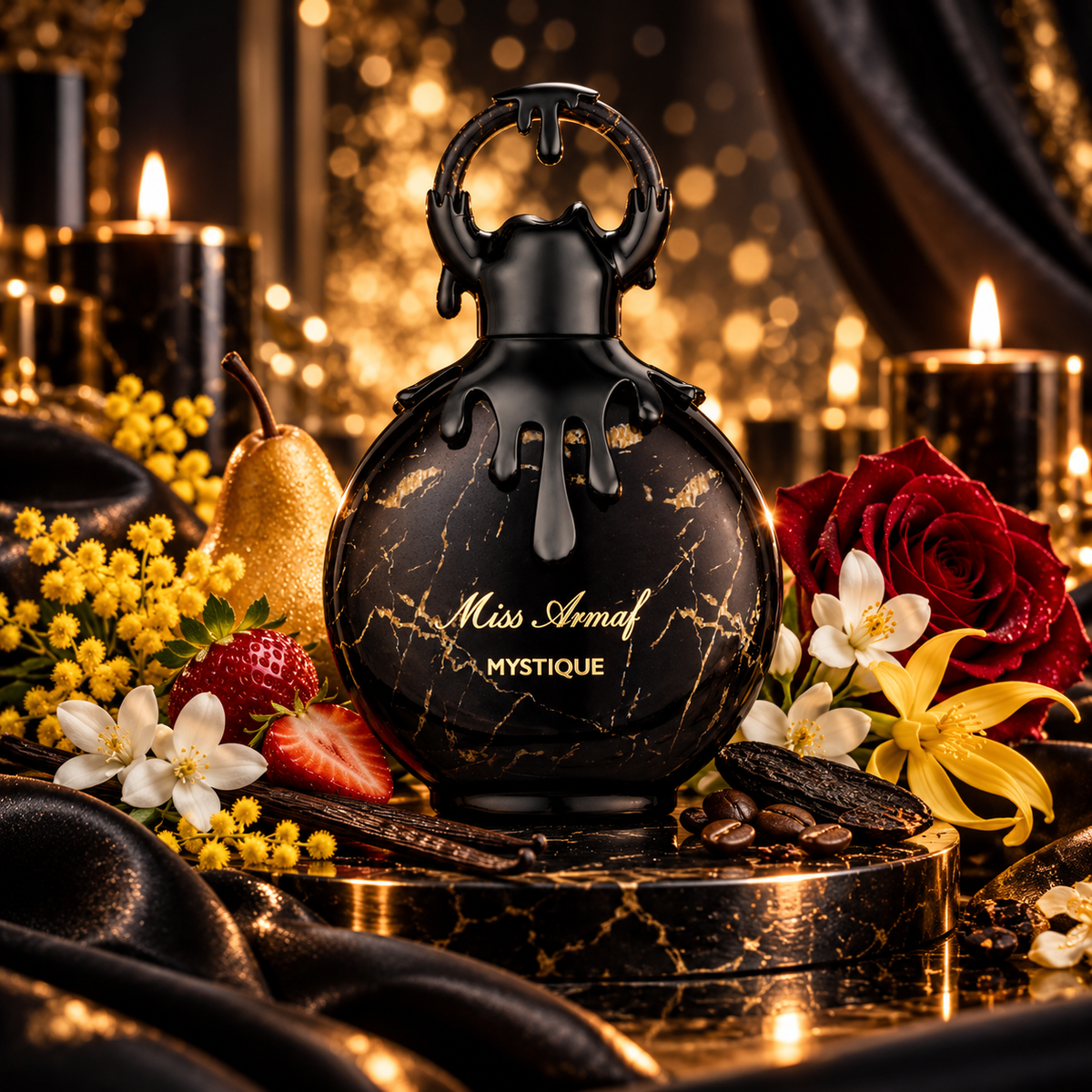 Armaf Mystique perfume artwork showing a black and gold bottle with pear, strawberries, flowers, vanilla pods and coffee beans