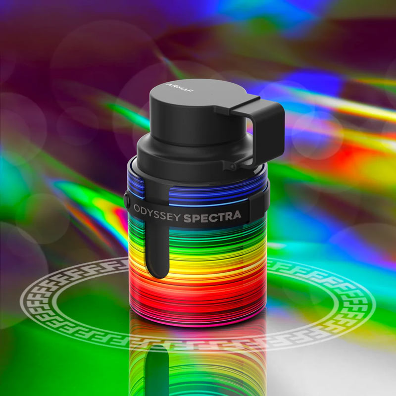 Armaf Odyssey Spectra Eau de Parfum 100ml, vibrant rainbow bottle design with futuristic lighting background.