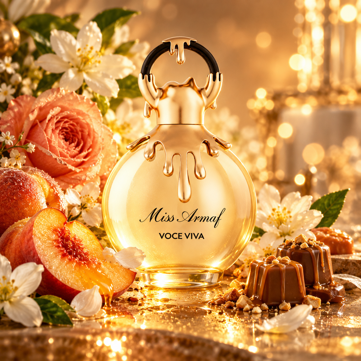 Armaf Voce Viva perfume artwork showing a golden bottle with peaches, roses, white flowers and praline sweets
