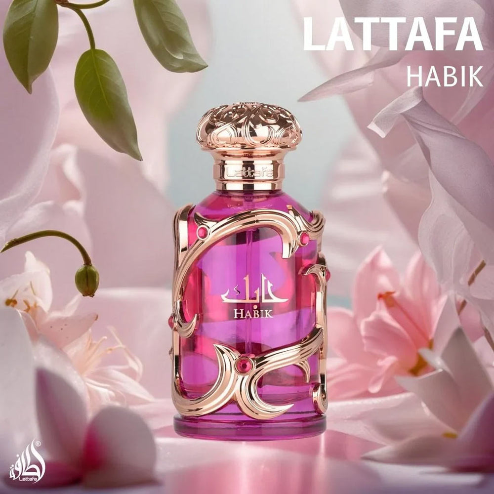 Habik for Women by Lattafa perfume bottle surrounded by soft pink flowers