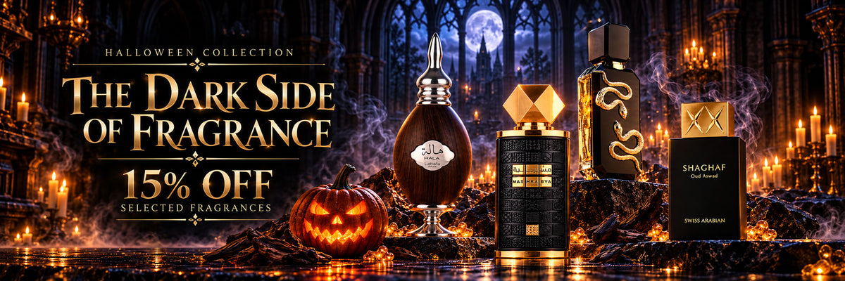 Hidden Samples Halloween sale banner featuring 15% off selected Arabic perfume samples from Lattafa, Afnan and Swiss Arabian in a gothic setting.