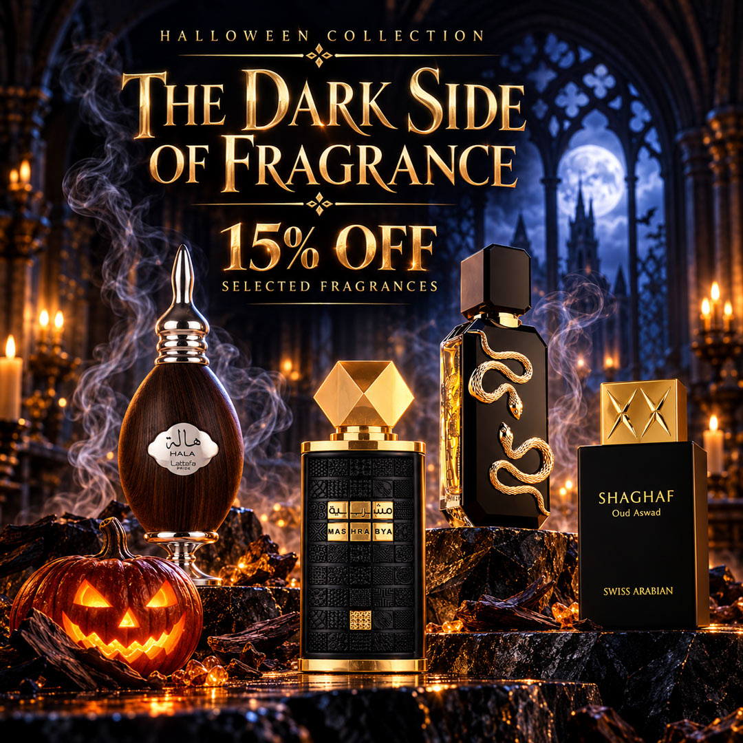 Halloween perfume samples promotion at Hidden Samples with 15% off selected fragrances, featuring luxury Arabian perfumes and a glowing pumpkin.
