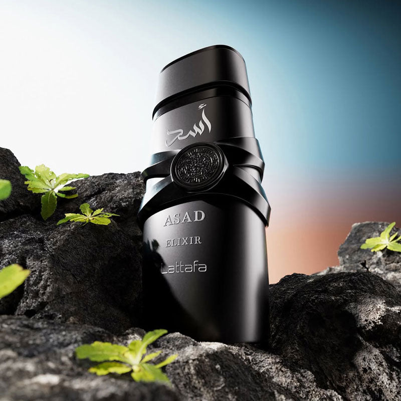 Lattafa Asad Elixir Eau de Parfum 100ml bottle in matte black design with silver Arabic calligraphy, bold masculine fragrance.