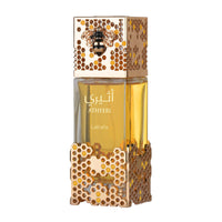 Lattafa Atheeri perfume bottle front view showing the honeycomb cap and base on a white background