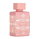 Lattafa Badee Al Oud Noble Blush Eau de Parfum bottle with a pink and gold floral design.