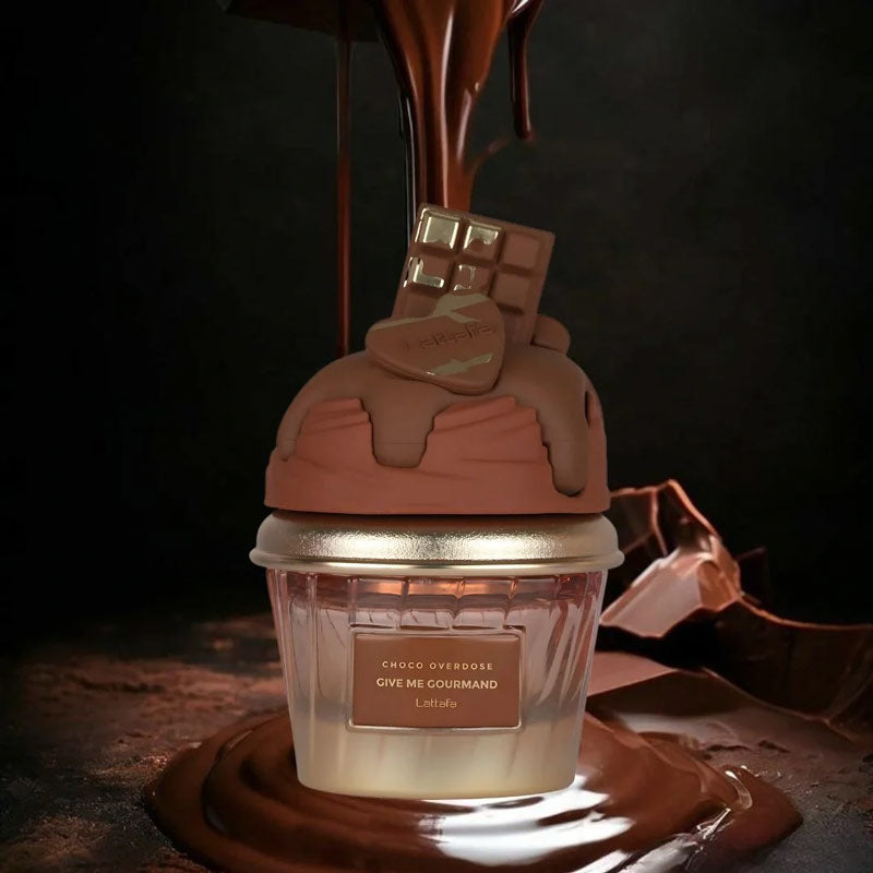 Lattafa Choco Overdose perfume bottle shaped like a dessert cup with chocolate