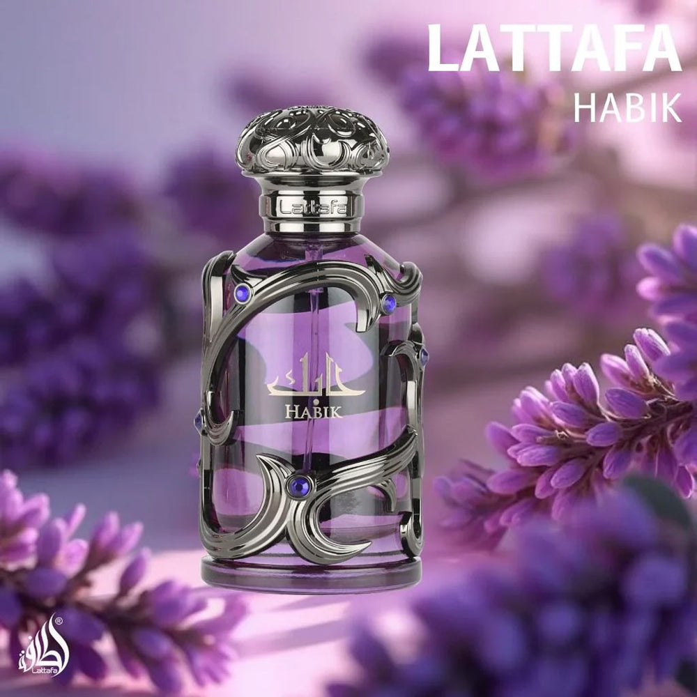 Lattafa Habik perfume bottle with lavender background and metallic design
