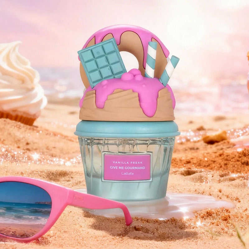 Vanilla Freak ice cream container with pink sunglasses on a beach