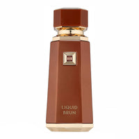 Elegant brown perfume bottle of Liquid Brun by French Avenue with golden details over a white background.