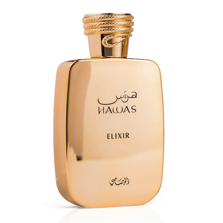 Rasasi Hawas Elixir perfume bottle with golden design, shown on a white background.