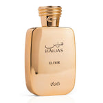 Rasasi Hawas Elixir perfume bottle with golden design, shown on a white background.