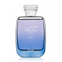 Rasasi Hawas Ice bottle front view isolated on white background.