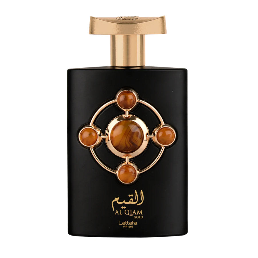 Lattafa Pride Al Qiam Gold perfume bottle with a matte black finish, gold detailing and an ornate amber-toned centerpiece.