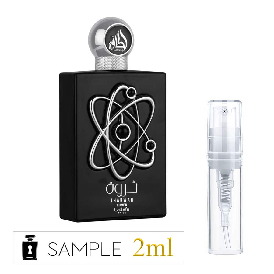 Lattafa Pride Tharwah Silver original perfume bottle with a 2 ml perfume sample spray vial by Hidden Samples.